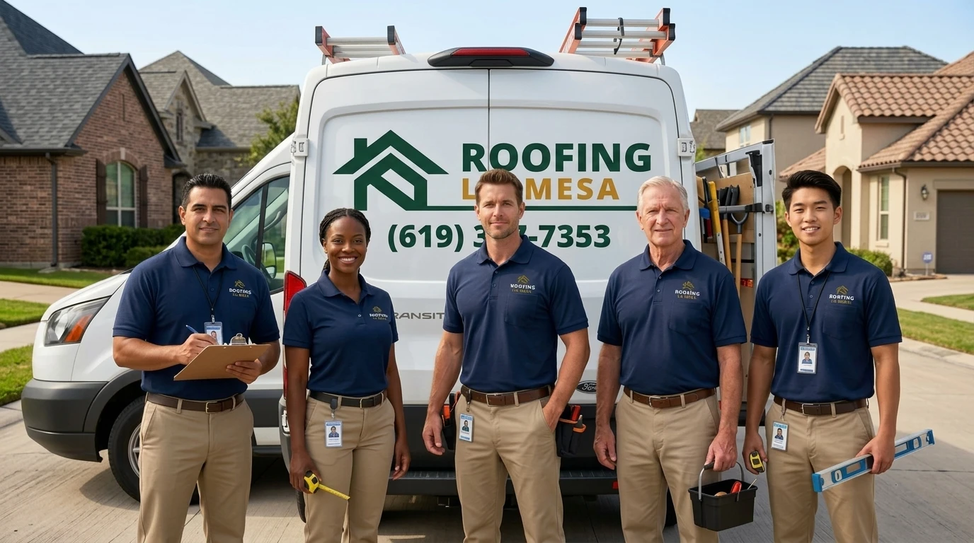 Roofing La Mesa CA team standing in front of branded company van with logo and phone number (619) 327-7353 – trusted local roofing contractors in East County San Diego